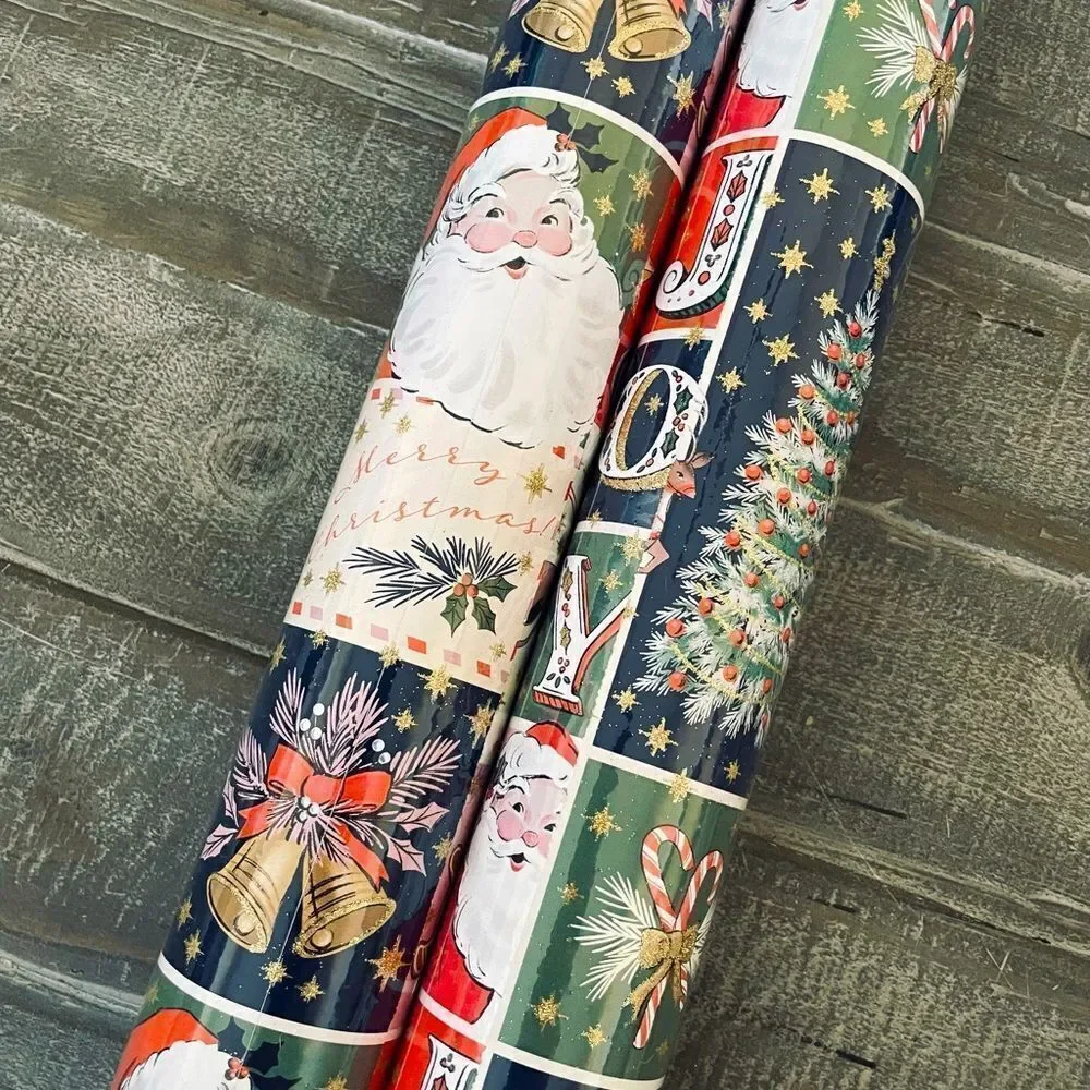 Vintage Patchwork Nostalgic Santa Joy Wrapping Paper Gift Wrap Roll